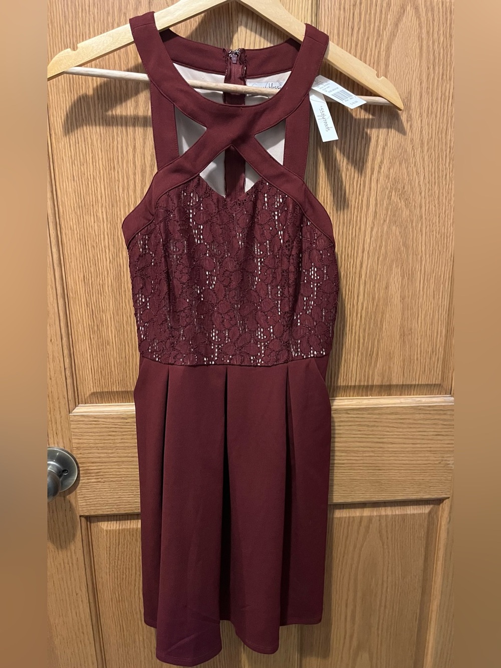 Speechless Burgundy Lace Halter Prom Dress